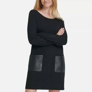 DKNY Women's Black Faux-leather-pocket Sweater Dress
